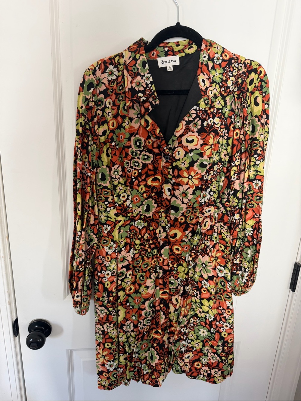 Floral Button-Front Green and Orange Midi Dress